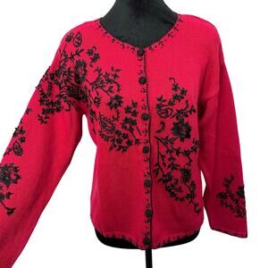 Heirlooms Collectibles Red Beaded Floral Cardigan Sz PP Ramie Cotton Cottagecore